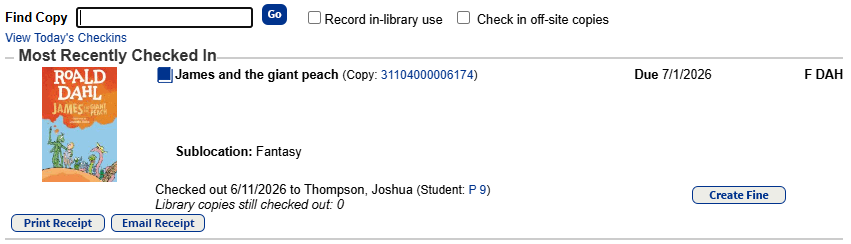 Recently checked in book on the Circulation tab, Check In option.